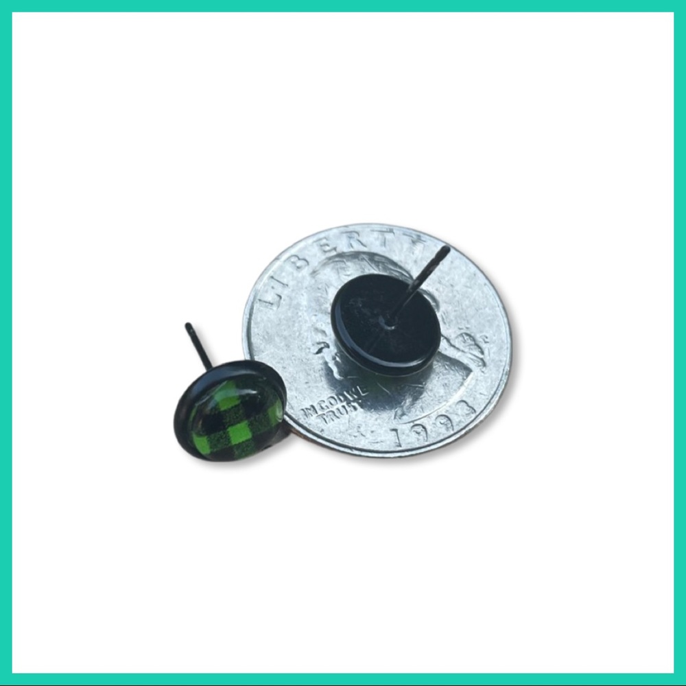 Neon Green Plaid Stud Earrings - Picture 5 of 7